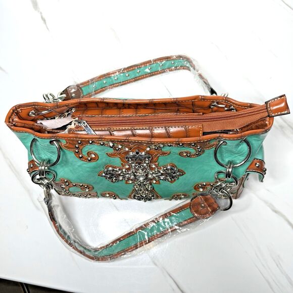 Western Turquoise Rhinestone Cross Handbag Tooled Brown Faux Leather Chain Strap - Picture 10 of 14